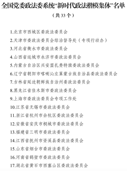 中央政法委、人社部印发《关于表彰全国党委政法委系统“新时代政法楷模集体”和“新时代政法楷模个人”的决定》